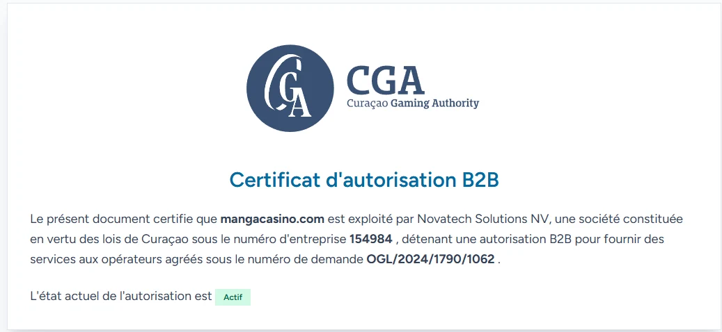 manga casino certificat